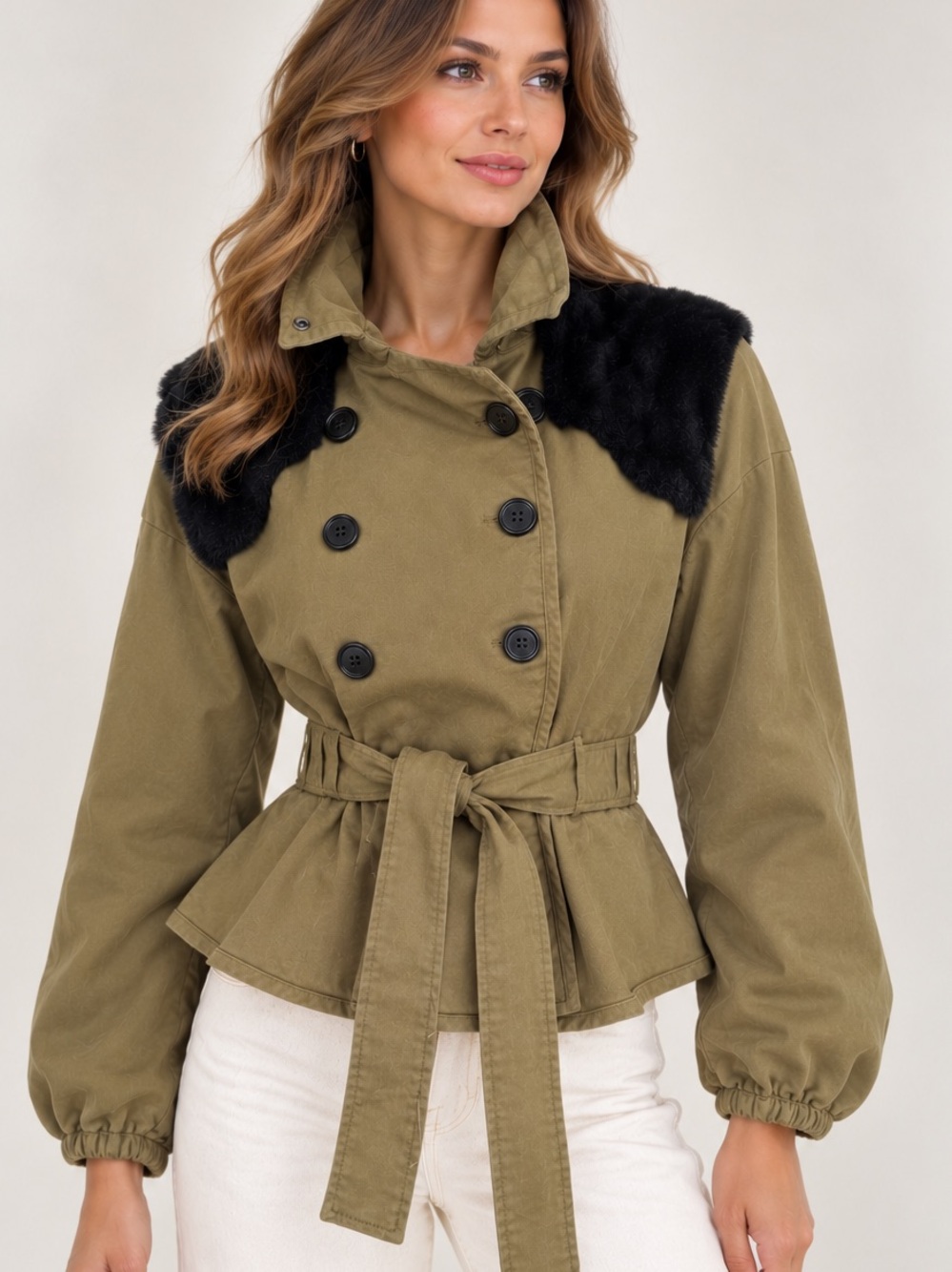 Marissa Webb Collective Olive Trench Coat Black Faux Fur Detail Size 6 Designer